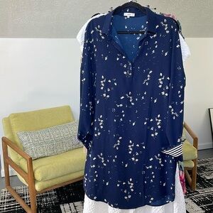 Anthropologie Suncoo Caline Long Sleeve Print Button Shirt Dress Blue Large